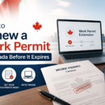 Canadian work permit renewal guide with laptop, permit documents, Canadian passport and Toronto skyline