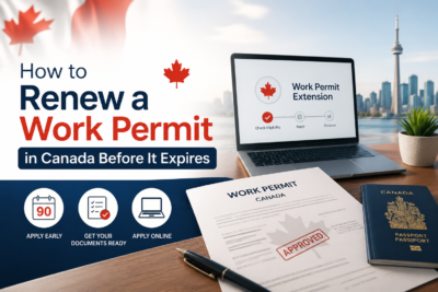 Canadian work permit renewal guide with laptop, permit documents, Canadian passport and Toronto skyline