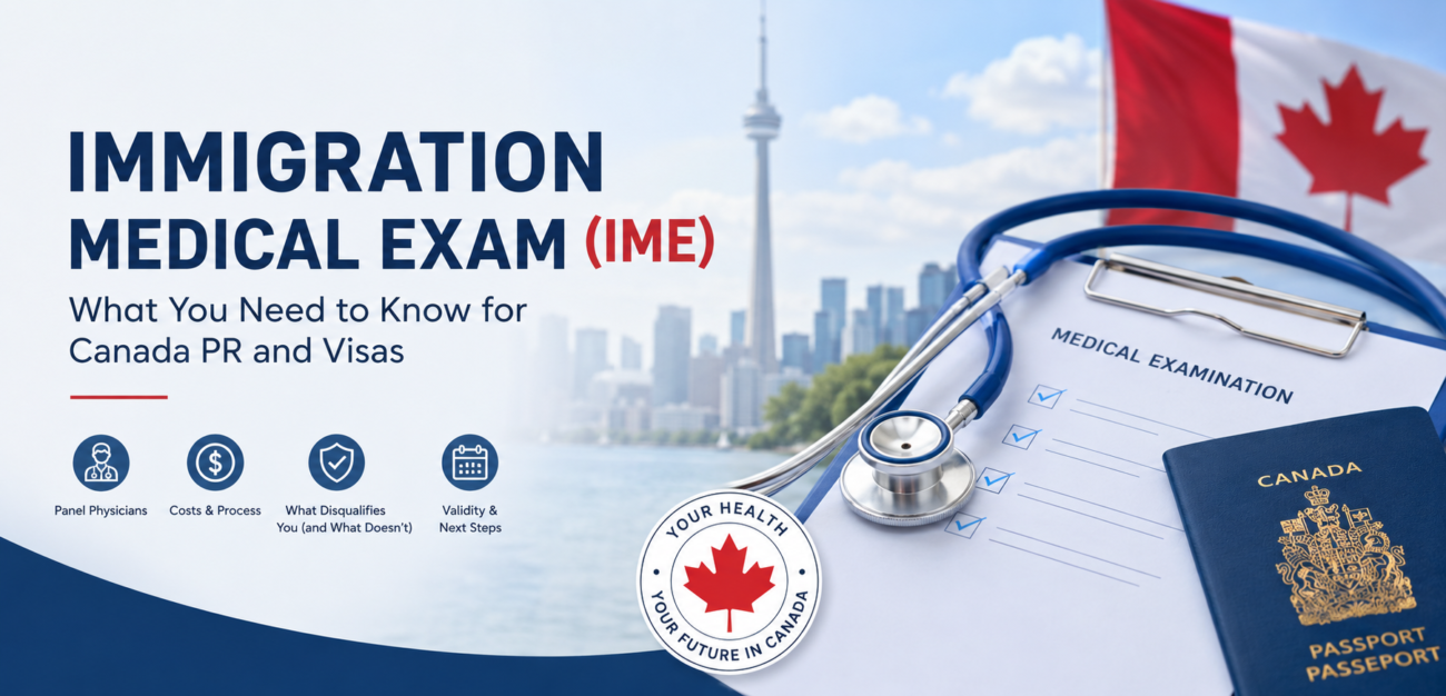 Professional blog cover showing a Canadian passport, medical exam form, stethoscope, Canada flag, and Toronto skyline for an Immigration Medical Exam guide.