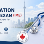 Professional blog cover showing a Canadian passport, medical exam form, stethoscope, Canada flag, and Toronto skyline for an Immigration Medical Exam guide.