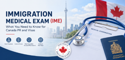 Professional blog cover showing a Canadian passport, medical exam form, stethoscope, Canada flag, and Toronto skyline for an Immigration Medical Exam guide.
