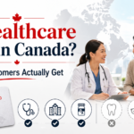 Doctor speaking with a newcomer family beside a Canada health card and healthcare coverage icons for an article about whether healthcare is free in Canada.