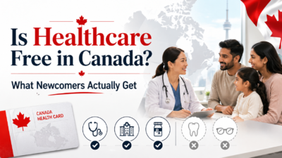 Doctor speaking with a newcomer family beside a Canada health card and healthcare coverage icons for an article about whether healthcare is free in Canada.