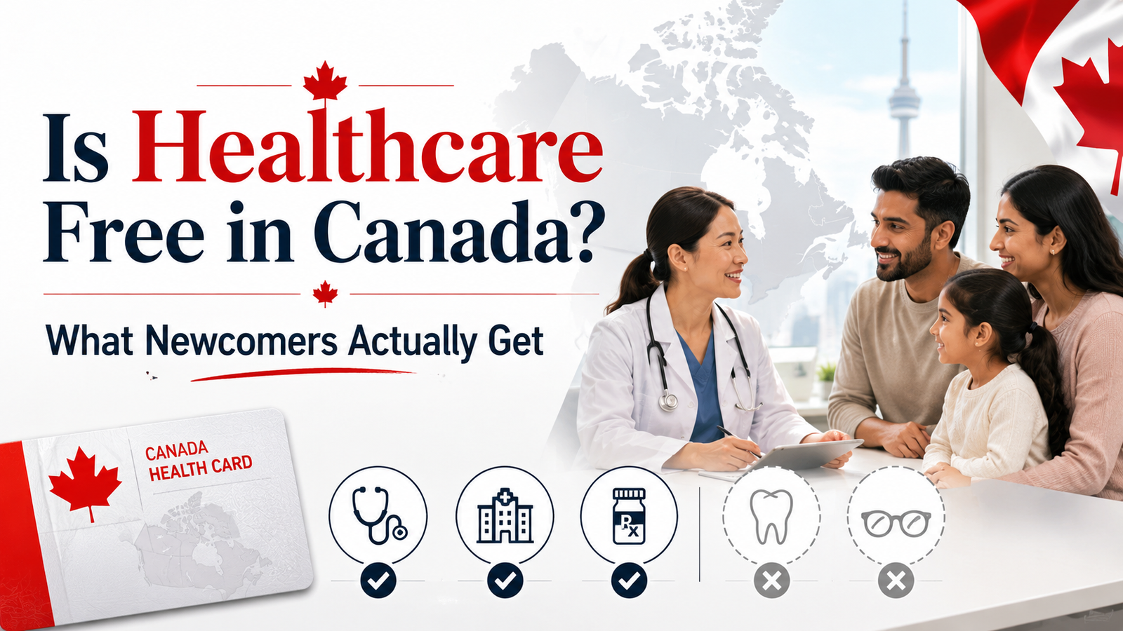 Doctor speaking with a newcomer family beside a Canada health card and healthcare coverage icons for an article about whether healthcare is free in Canada.