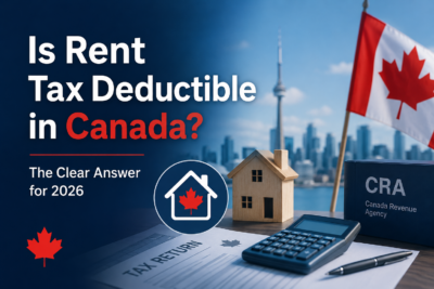 Canadian rent tax deduction guide for 2026 with house model, calculator, tax return form, Canadian flag and Toronto skyline.