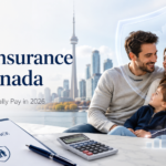 Canadianow - Latest News, Immigration Updates, Jobs &Amp; Lifestyle In Canada! 7 Family with life insurance policy and calculator against Toronto skyline for life insurance costs in Canada in 2026.