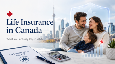 Canadianow - Latest News, Immigration Updates, Jobs &Amp; Lifestyle In Canada! 1 Family with life insurance policy and calculator against Toronto skyline for life insurance costs in Canada in 2026.