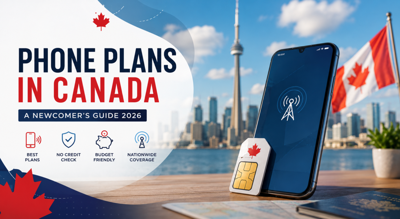 Modern banner showing phone plans in Canada for newcomers, featuring a smartphone, SIM card, and Toronto skyline with Canadian flag.