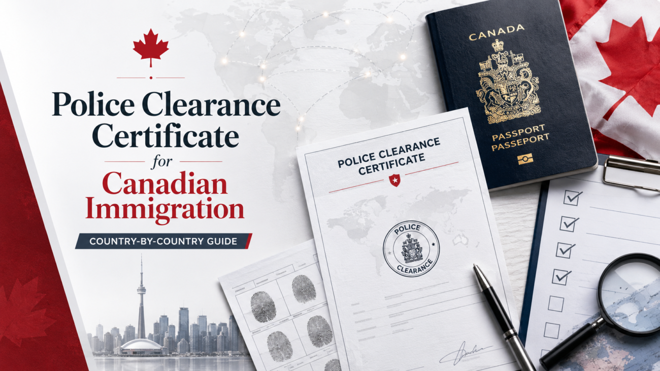 Professional blog cover showing a Canadian passport, police clearance certificate, fingerprint form, checklist, maple leaf, and world map for Canadian immigration documentation.