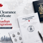 Professional blog cover showing a Canadian passport, police clearance certificate, fingerprint form, checklist, maple leaf, and world map for Canadian immigration documentation.