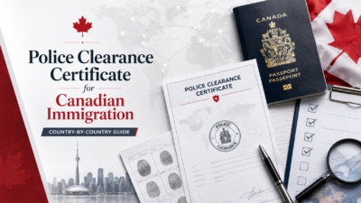 Professional blog cover showing a Canadian passport, police clearance certificate, fingerprint form, checklist, maple leaf, and world map for Canadian immigration documentation.