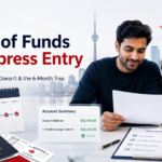 Professional blog cover image showing a newcomer couple reviewing financial documents for Canada Express Entry proof of funds, with a 6-month account history, checklist, passport, and Canadian skyline.