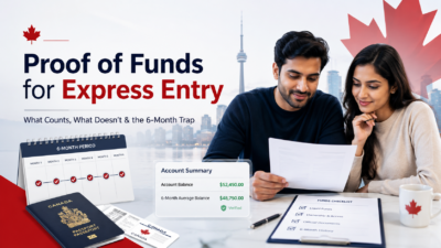 Professional blog cover image showing a newcomer couple reviewing financial documents for Canada Express Entry proof of funds, with a 6-month account history, checklist, passport, and Canadian skyline.