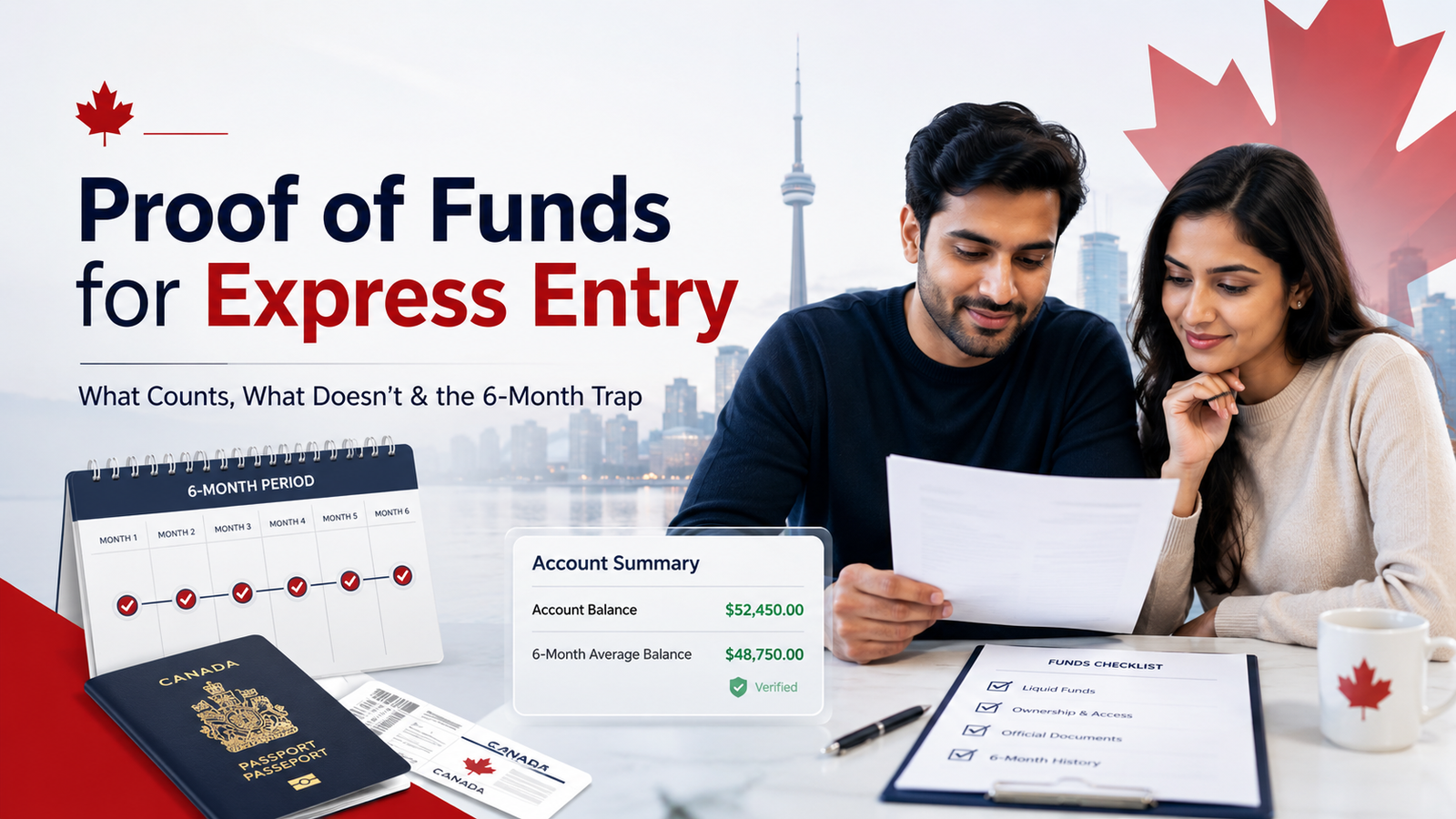 Professional blog cover image showing a newcomer couple reviewing financial documents for Canada Express Entry proof of funds, with a 6-month account history, checklist, passport, and Canadian skyline.