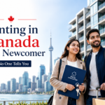 Canadianow - Latest News, Immigration Updates, Jobs &Amp; Lifestyle In Canada! 5 Newcomer couple holding apartment keys and a rental application outside a modern Canadian condo building with a Canadian flag and Toronto skyline.