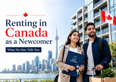 Canadianow - Latest News, Immigration Updates, Jobs &Amp; Lifestyle In Canada! 9 Newcomer couple holding apartment keys and a rental application outside a modern Canadian condo building with a Canadian flag and Toronto skyline.