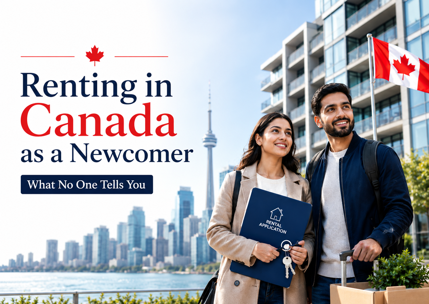 Newcomer couple holding apartment keys and a rental application outside a modern Canadian condo building with a Canadian flag and Toronto skyline.