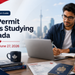 Work permit holder studying in Canada with a laptop, Canadian work permit document, passport and June 27, 2026 policy expiry calendar.