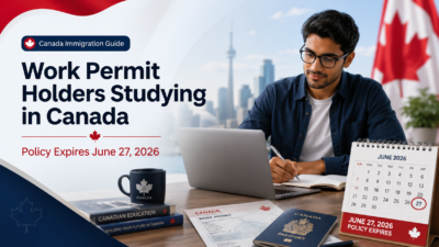 Work permit holder studying in Canada with a laptop, Canadian work permit document, passport and June 27, 2026 policy expiry calendar.