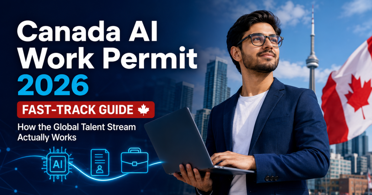 Professional blog cover image for Canada AI Work Permit 2026 showing an AI tech worker, Canadian flag, Toronto skyline, and Global Talent Stream fast-track guide theme.