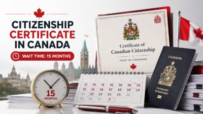 Canadian citizenship certificate, passport, calendar, and clock showing 15-month wait time for proof of citizenship in Canada.