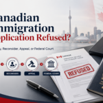 Professional blog cover showing a Canadian immigration refusal document, passport, and four options: reapply, reconsider, appeal, or Federal Court.