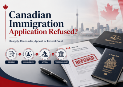 Professional blog cover showing a Canadian immigration refusal document, passport, and four options: reapply, reconsider, appeal, or Federal Court.