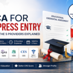 Professional blog cover showing Educational Credential Assessment for Express Entry, WES and IRCC-designated ECA providers, Canadian flag, diploma, graduation cap, and Toronto skyline.