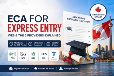 Professional blog cover showing Educational Credential Assessment for Express Entry, WES and IRCC-designated ECA providers, Canadian flag, diploma, graduation cap, and Toronto skyline.