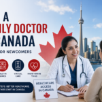 Newcomer speaking with a doctor in Canada with healthcare icons, Canadian flag, and Toronto skyline, representing how to find a family doctor in Canada.