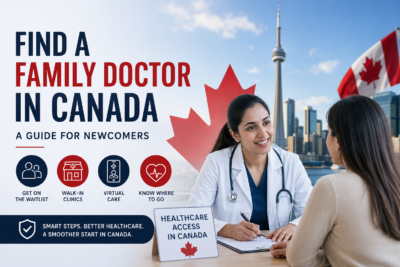 Newcomer speaking with a doctor in Canada with healthcare icons, Canadian flag, and Toronto skyline, representing how to find a family doctor in Canada.
