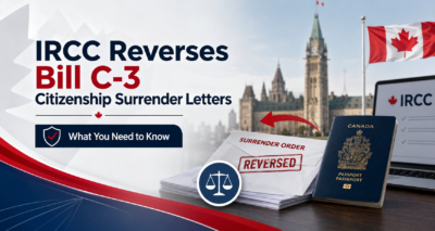 IRCC Bill C-3 citizenship surrender letters reversed with Canadian passport, citizenship documents, and surrender order marked reversed.