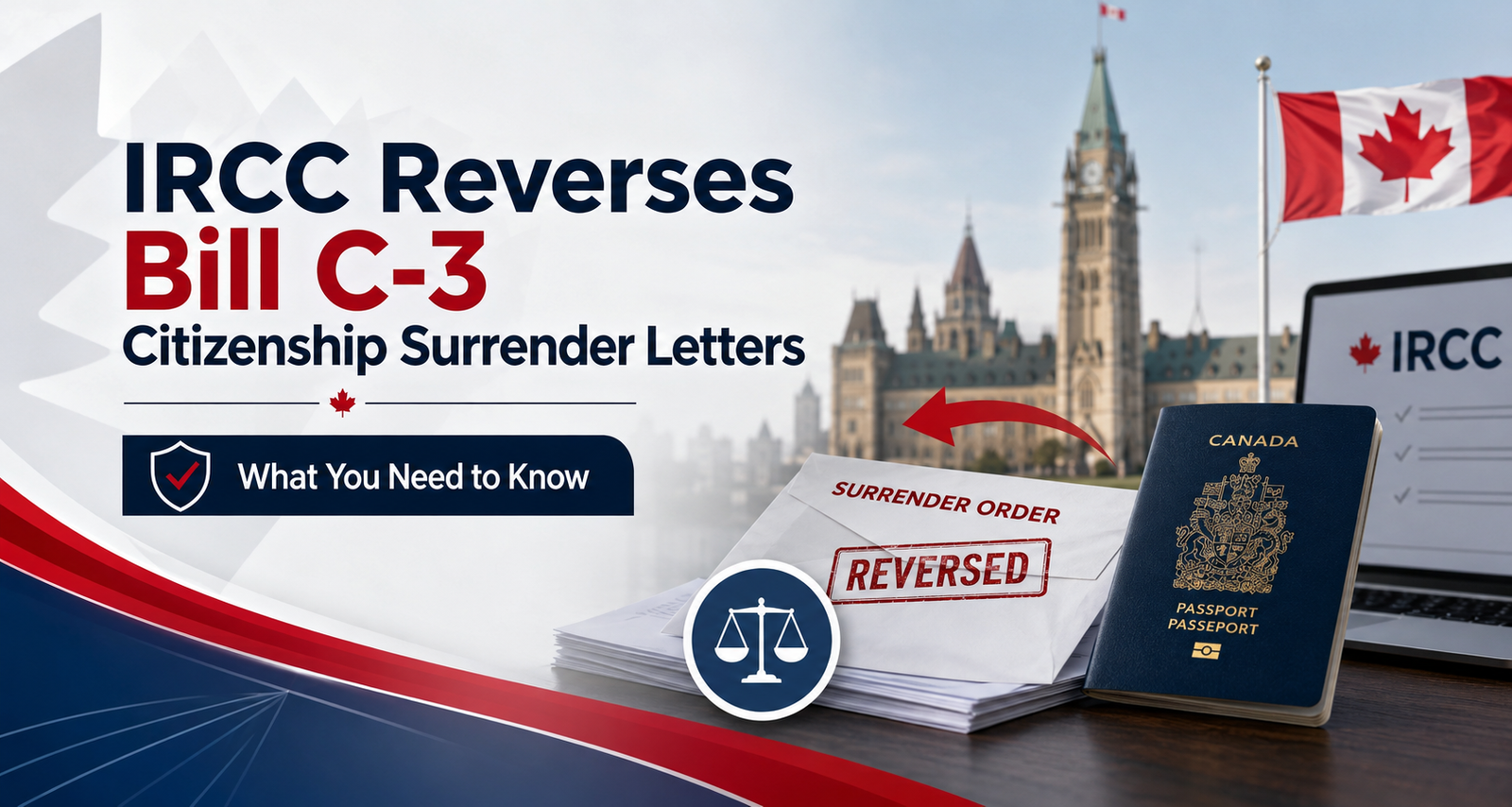 IRCC Bill C-3 citizenship surrender letters reversed with Canadian passport, citizenship documents, and surrender order marked reversed.