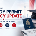 Professional Canadian immigration cover image showing a study permit policy update with a Canadian passport, graduation cap, books, maple leaf, and icons for DLI transfers, program changes, work rules, and random IRCC audits.