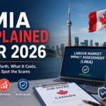 Professional cover image for LMIA Explained 2026, showing Canada immigration documents, a job offer, CRS points, scam warning icons, a Canadian passport, and the Toronto skyline.