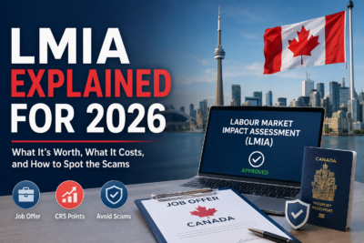 Professional cover image for LMIA Explained 2026, showing Canada immigration documents, a job offer, CRS points, scam warning icons, a Canadian passport, and the Toronto skyline.