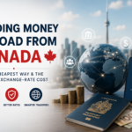 Professional blog cover showing money transfers from Canada, with a globe, Canadian flag, phone payment confirmation, coins, passport, and Toronto skyline.