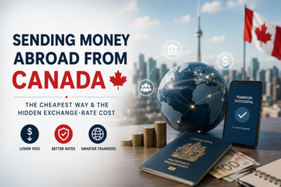 Professional blog cover showing money transfers from Canada, with a globe, Canadian flag, phone payment confirmation, coins, passport, and Toronto skyline.