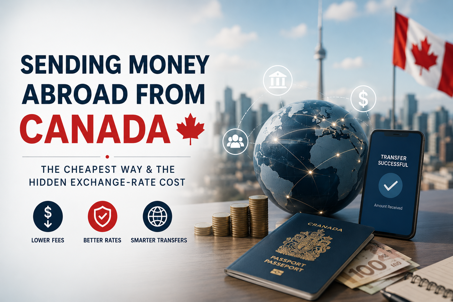 Professional blog cover showing money transfers from Canada, with a globe, Canadian flag, phone payment confirmation, coins, passport, and Toronto skyline.
