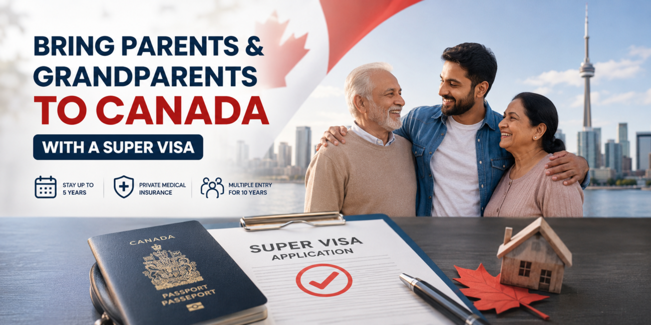 Professional blog cover showing parents and grandparents coming to Canada with a Super Visa, featuring a Canadian passport, application form, family, maple leaf, and Toronto skyline.