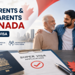 Professional blog cover showing parents and grandparents coming to Canada with a Super Visa, featuring a Canadian passport, application form, family, maple leaf, and Toronto skyline.