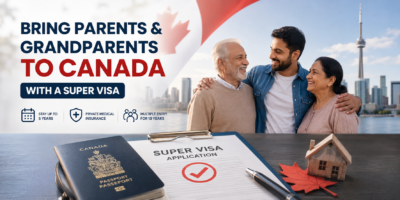 Professional blog cover showing parents and grandparents coming to Canada with a Super Visa, featuring a Canadian passport, application form, family, maple leaf, and Toronto skyline.
