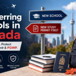 Professional blog cover image about transferring schools in Canada, showing a study permit, Canadian flag, school transfer signs, and PGWP protection message for international students.