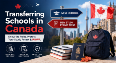 Professional blog cover image about transferring schools in Canada, showing a study permit, Canadian flag, school transfer signs, and PGWP protection message for international students.