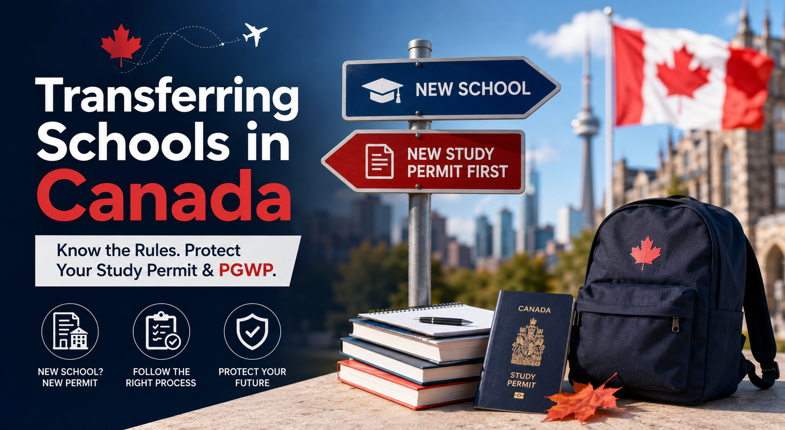 Professional blog cover image about transferring schools in Canada, showing a study permit, Canadian flag, school transfer signs, and PGWP protection message for international students.