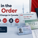 Professional blog cover showing Canadian passport, SIN card, health card, driver’s licence, CRA checklist, and Canada flag for updating records after a status change in Canada.