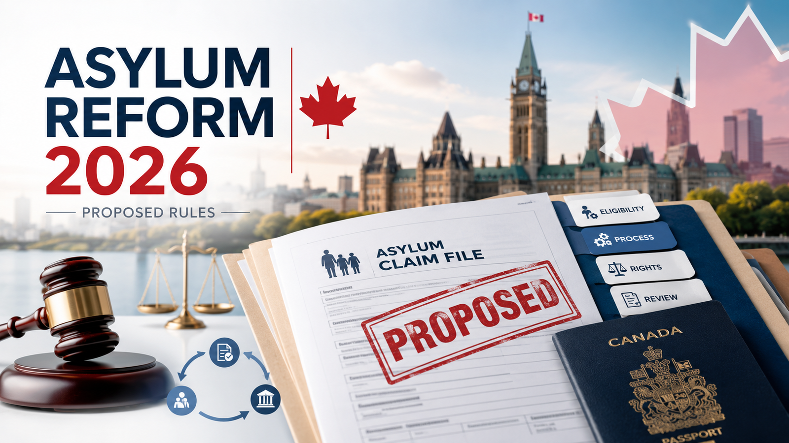 Professional blog cover showing Canada asylum reform 2026 proposed rules with an asylum claim file, Canadian passport, legal gavel, Parliament backdrop, and policy review tabs.