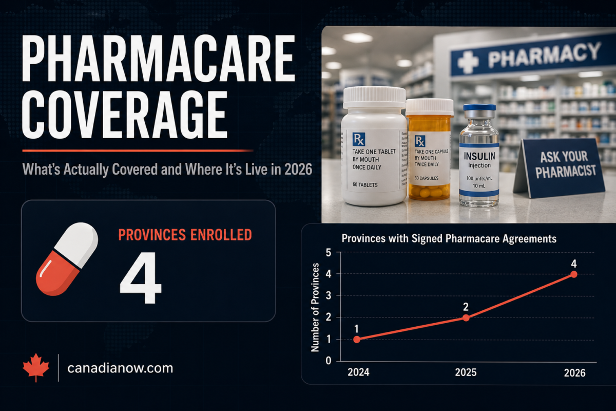 National pharmacare coverage in Canada showing 4 provinces with signed bilateral agreements for contraceptive and diabetes medication coverage in 2026