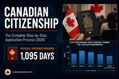 Canadian citizenship application process 2026 showing the 1,095-day physical presence requirement within the five years before applying