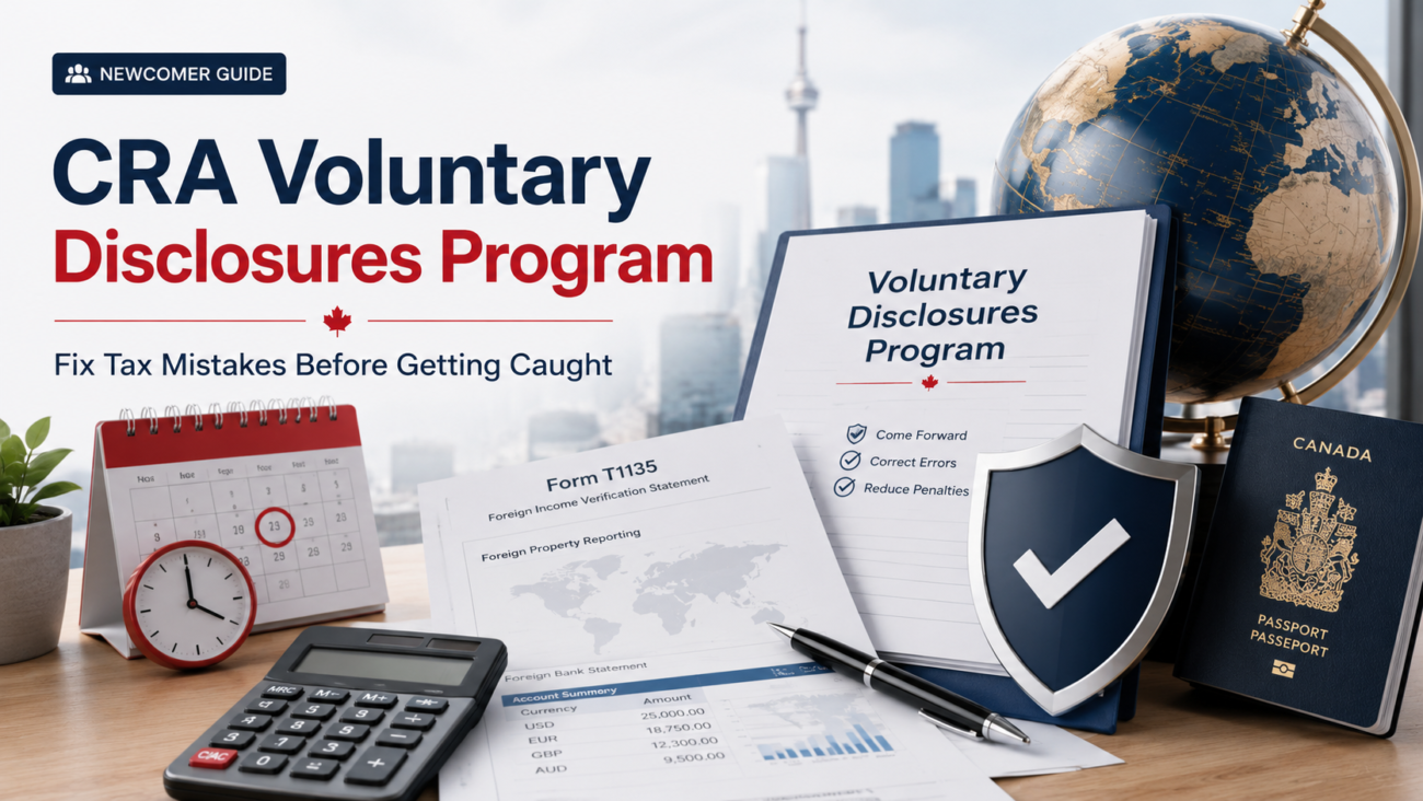 Professional cover image for CRA Voluntary Disclosures Program guide showing Canadian tax documents, Form T1135, passport, globe, calculator, and compliance shield for newcomers fixing tax mistakes before CRA contact.